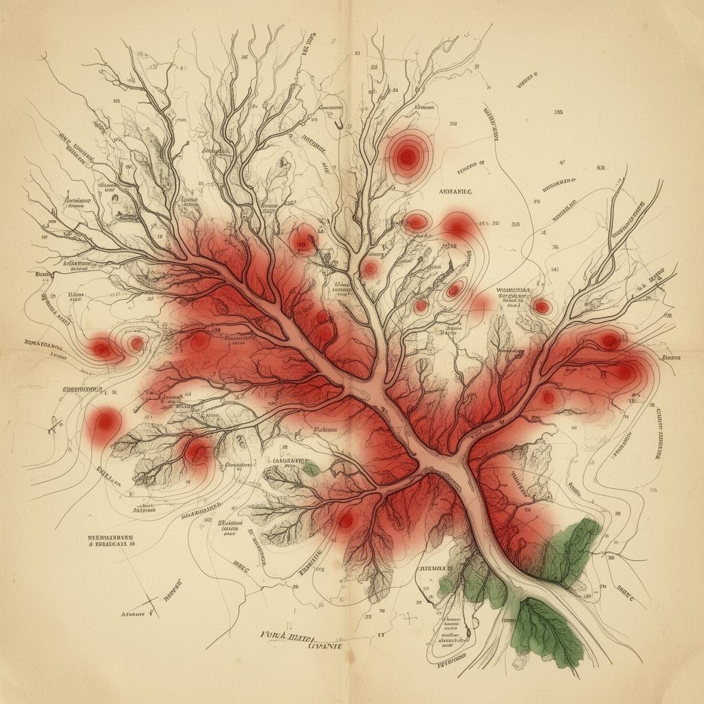 Vintage scientific map of the Delta River basin with red contagion zone overlays